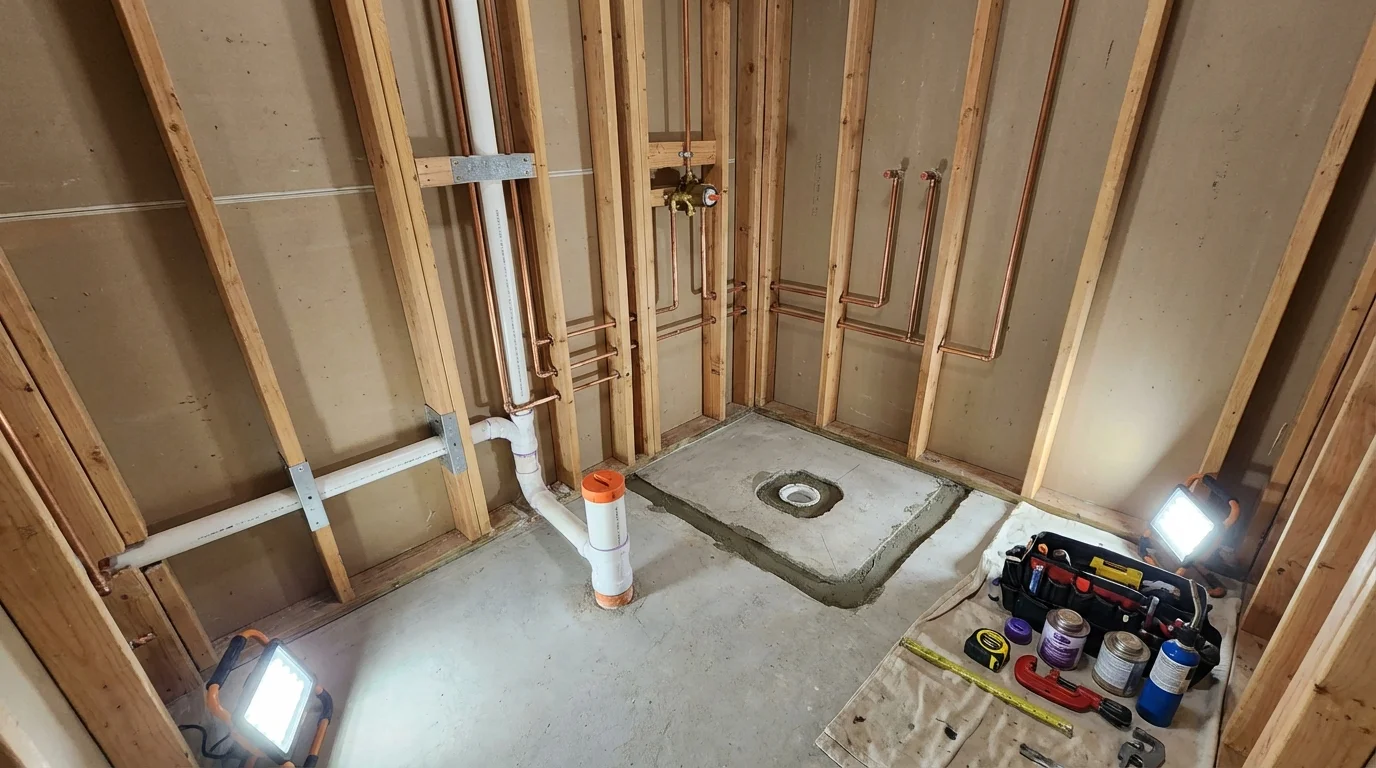 Bathroom rough-in plumbing during remodel by Johns Plumbing LLC in Harlem