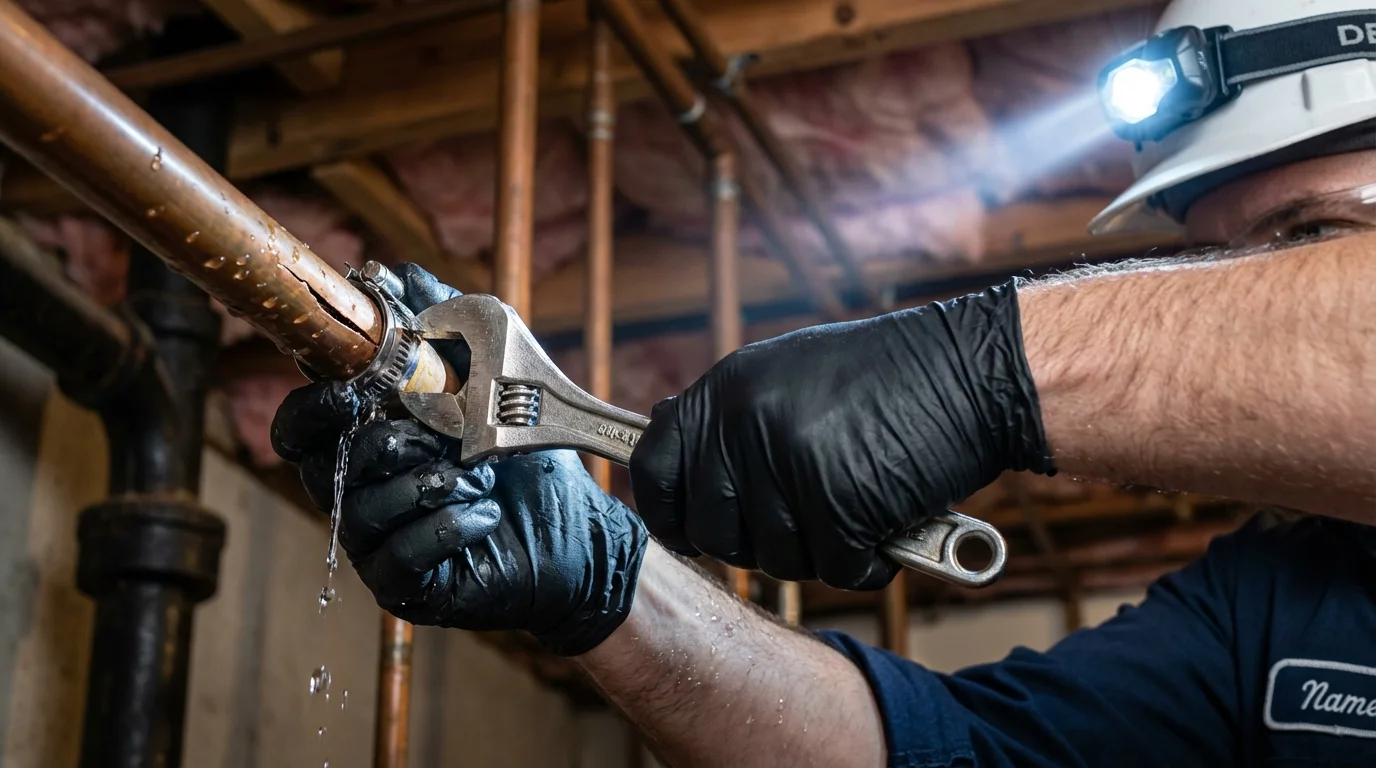 Emergency pipe clamp repair being performed by a Johns Plumbing LLC plumber in Harlem