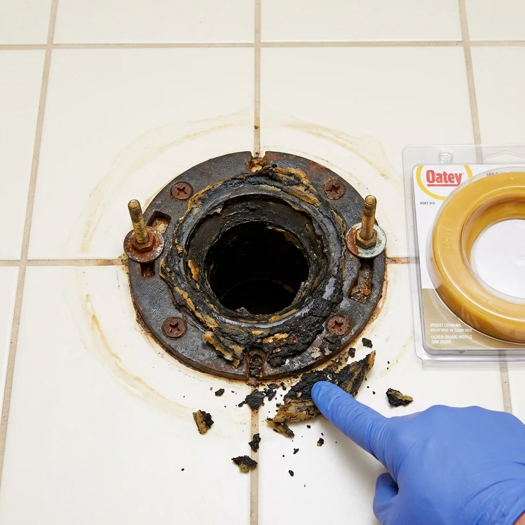 Failed wax ring showing water seepage at the base of a toilet in a Harlem, GA home